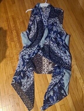 Women’s Sheer Blue Print Long Vest/ Wrap One Size Lightweight Loose Retro